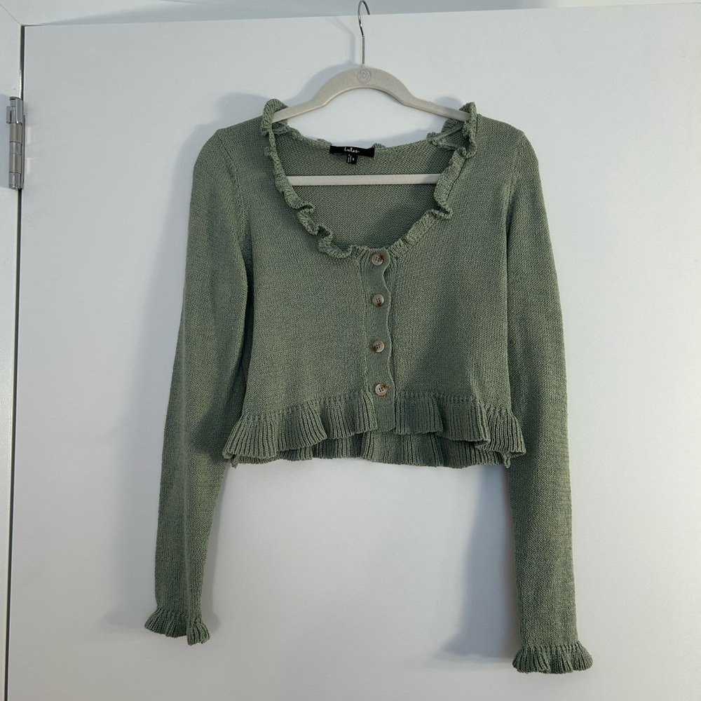 Lulu's Sage Green Ruffled Cardigan - Picture 2 of 3